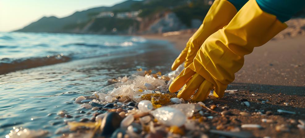 Yellow gloves picking up debris on beach
