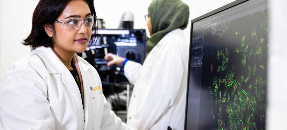 Researcher in lab coat looking at screen