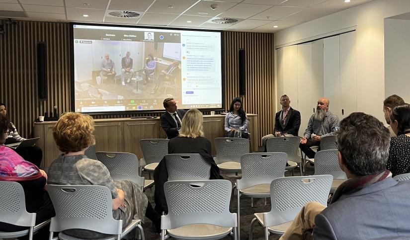 UTS Research Leadership panel discussion: (from left to right) PVC Research Professor Chris Turney, Associate Professor Negin Shariati Moghadam, Professor Nick Hopwood, Associate Professor Bradley Moggridge