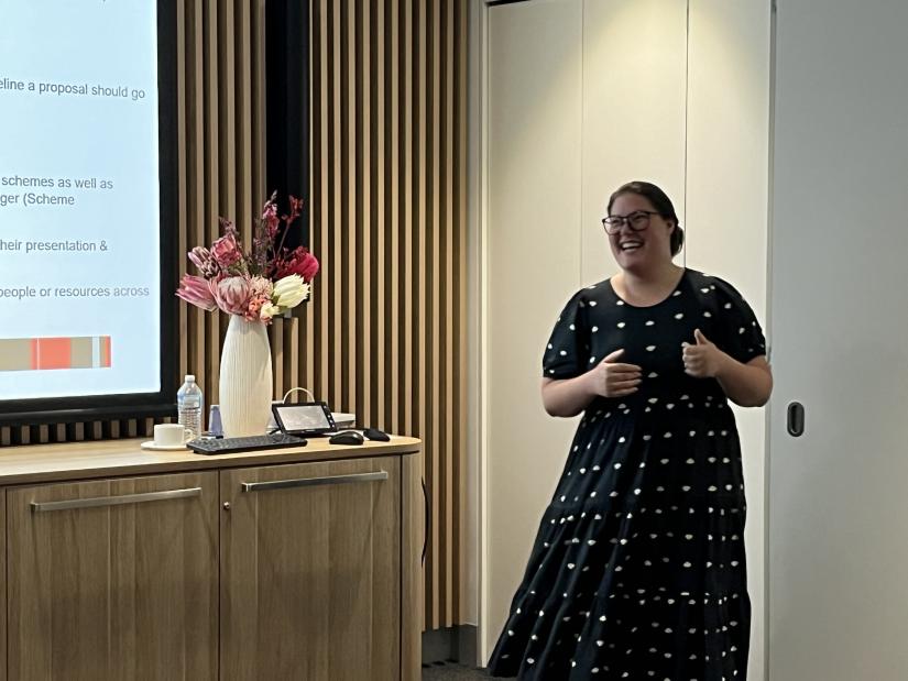 Katherine Waldron speaking at Research Cafe