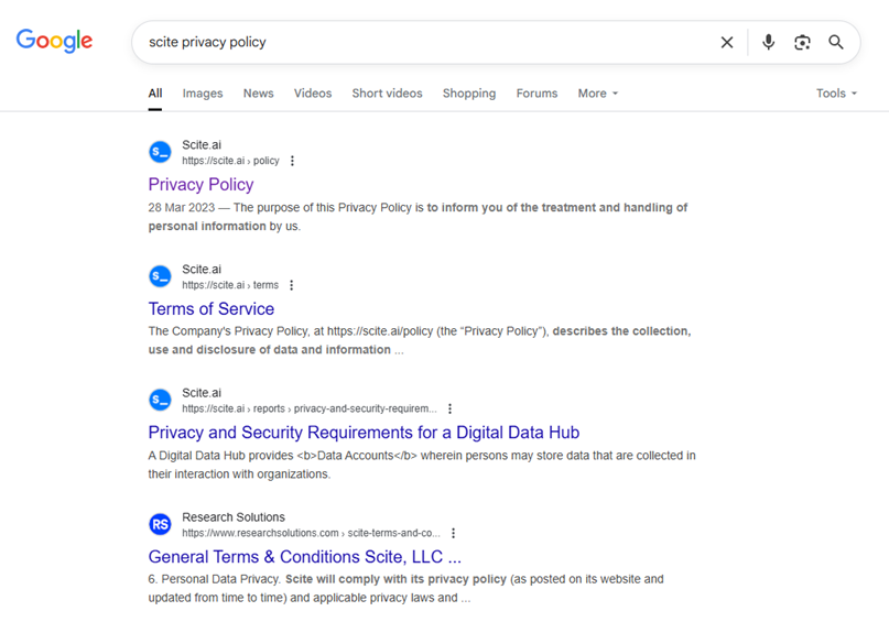 Screenshot of google webpage showing results from the search term "Scite Privacy Policy"