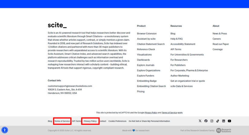 Screenshot of the Scite webpage site map highlighting the location of the Privacy Policy and Terms of Service links
